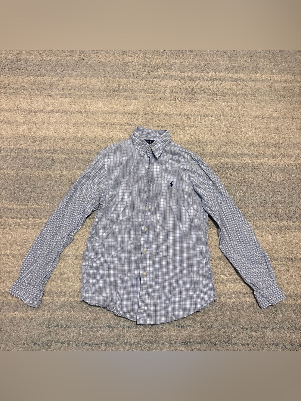 Ralph Lauren Blue Plaid Button Down Shirt Medium Stretch Cotton Long Sleeve Prep